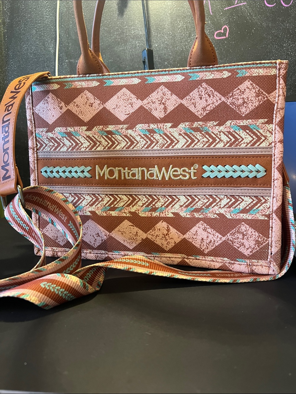 Montana West Brown & Turquoise Patterned Shoulder Tote with Braided Accent
